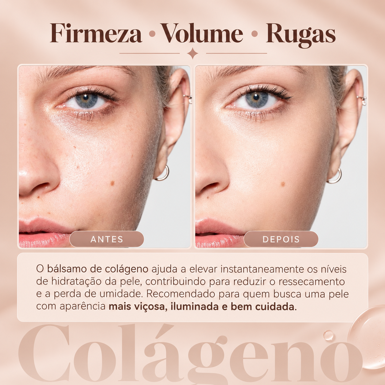 Comparação em português da aparência de firmeza, volume e rugas no rosto
